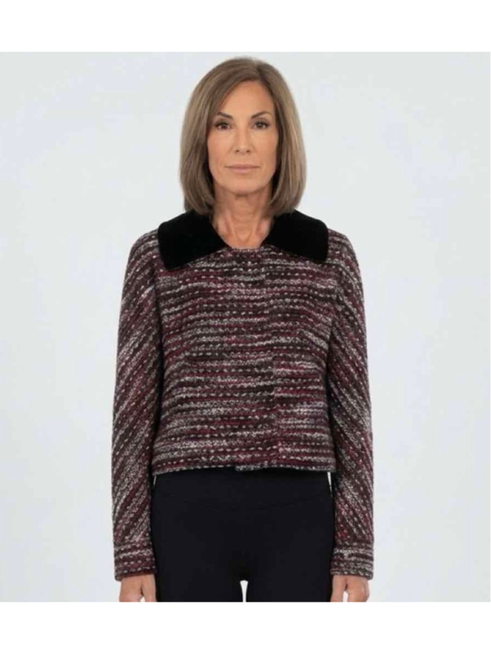 Milly Romy Boucle Tweed Coat Velvet Collar Burgundy Multi Size 10